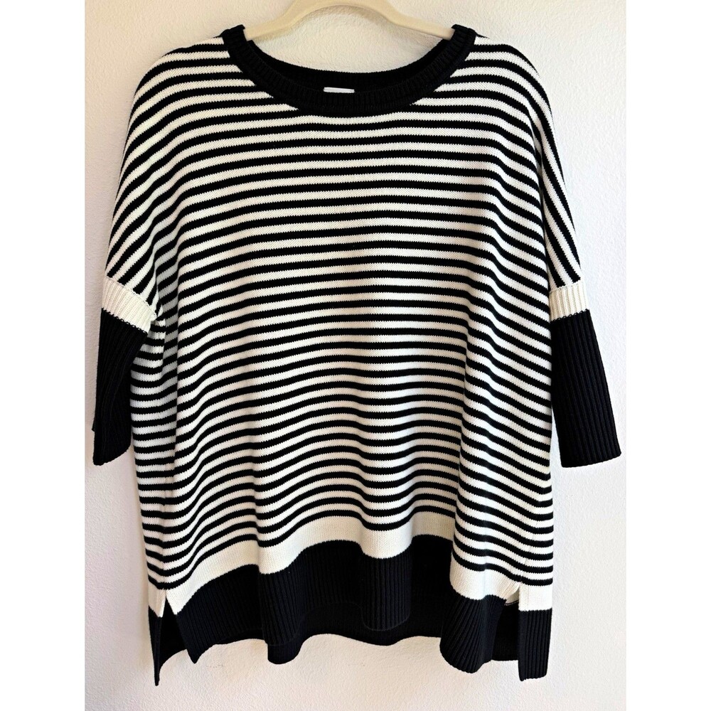 CAbi Black White Striped Knit Crew Neck 3/4 Sleeve Pullover Sweater S 6662
